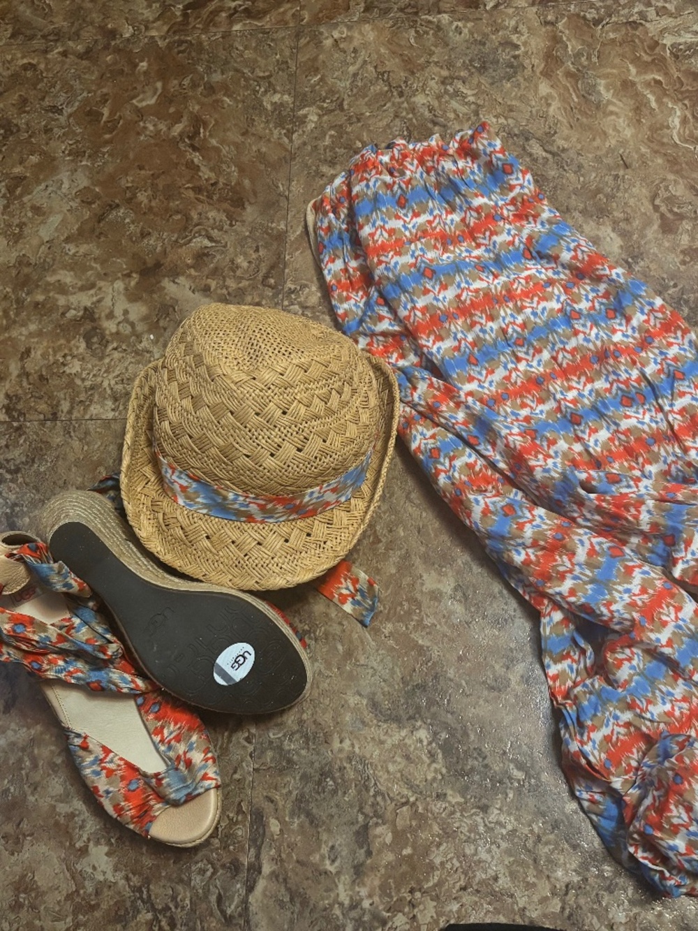 Ugg hat, scarf, wedges